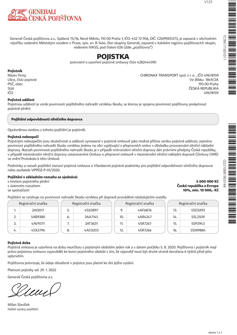 Pojištění odpovědnosti za škodu silničního dopravce